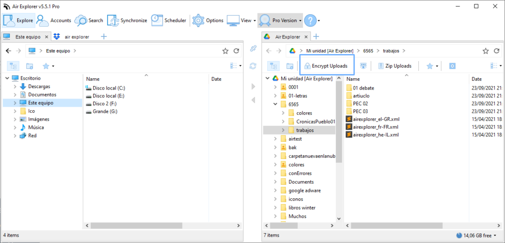 Activa el encriptado en tu cuenta de Google Drive en Air Explorer