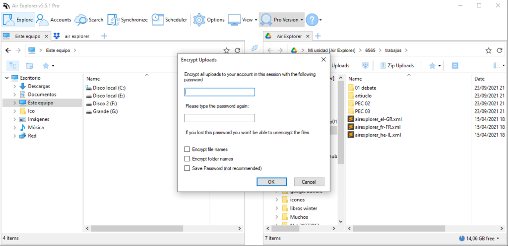 En Air Explorer en la ventana Encriptar subidas se debe introducir una contraseña