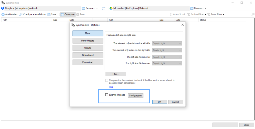 Encriptar las subidas al sincronizar con Air Explorer