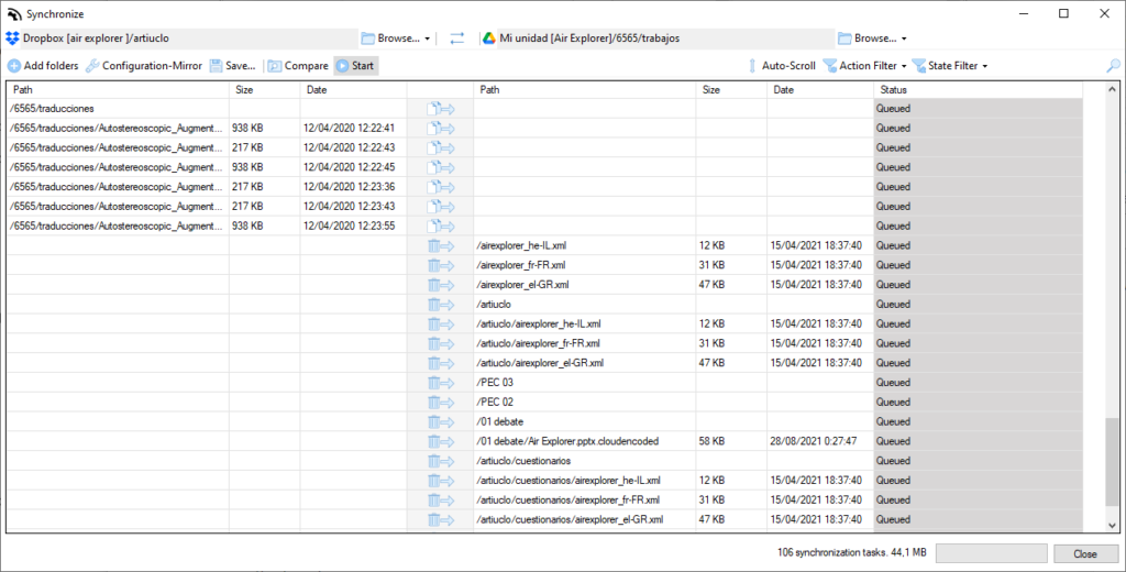 Ventana de sincronización en Air Explorer para transferir archivos de Dropbox a Google Drive